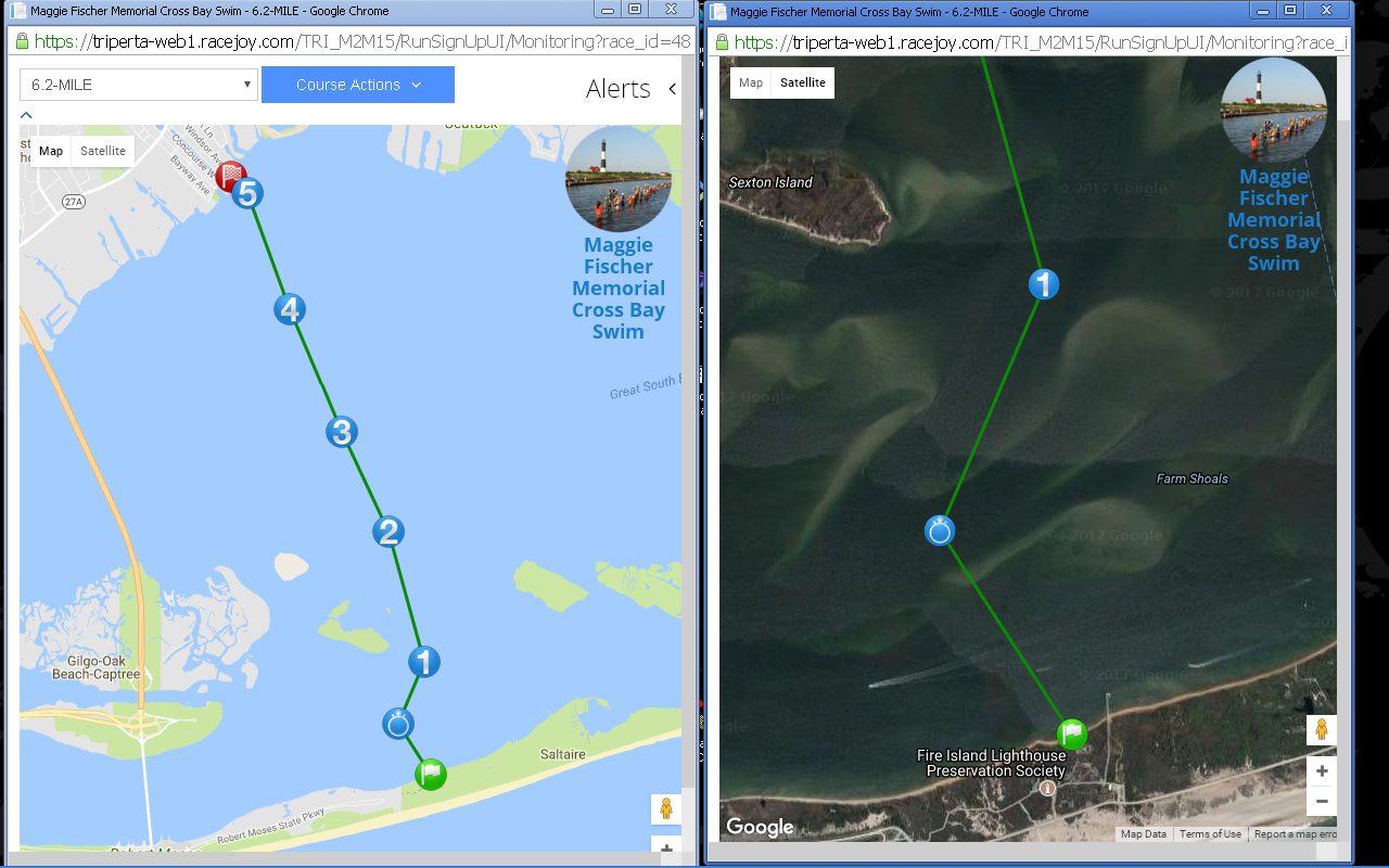 RaceJoy app showing live swimmer tracking across the bay